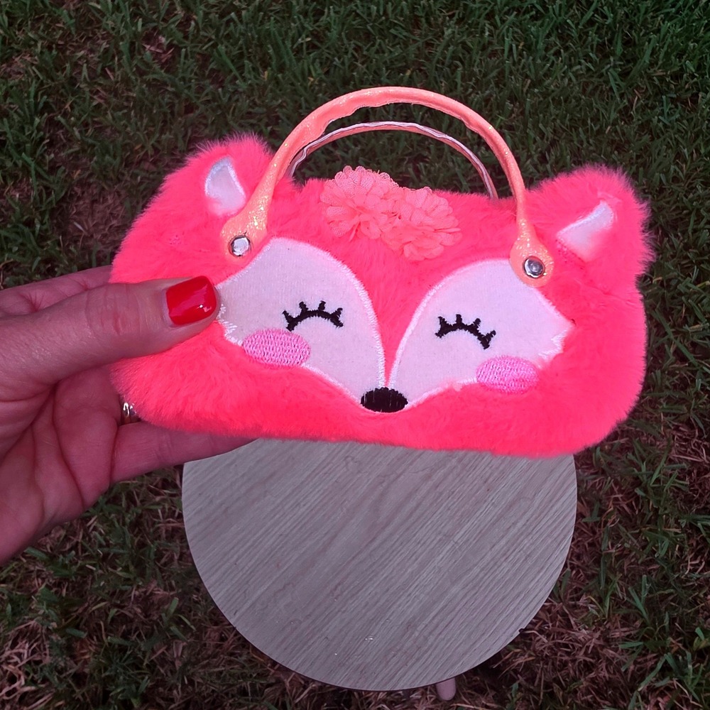 Neon Coral Faux Fur Fox Sunglasses Case Hard Shell Glitter Handles
